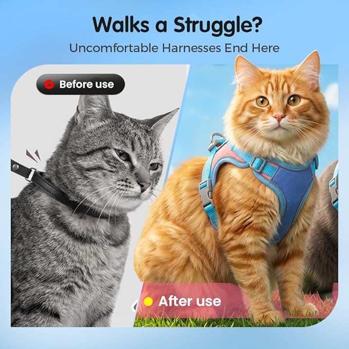 Cat Harness and Leash, Escape-Proof Cat Harness Set, Adjustable Step-in Pet Harness for Walking for Small Medium Cats/Dogs (Blue, L)