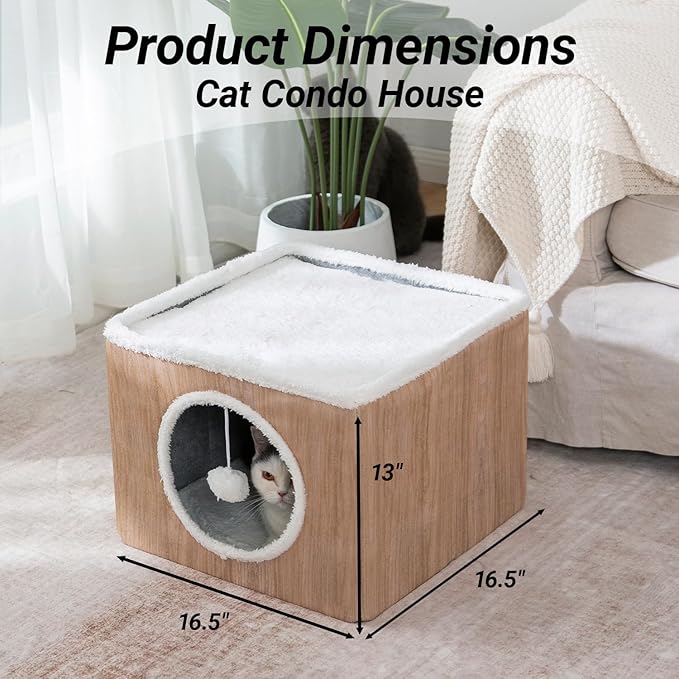 Cat Condo House with Reversible Cushions and Fluffy Ball Hanging, Foldable Cat Cube, Large Cave Bed for Indoor Kittens, Brown Wood Grain Pattern