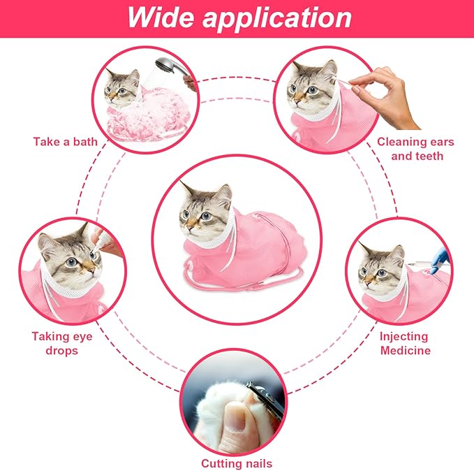Catcan Cat Bathing Bag, Breathable Cat Grooming Bag, Anti Scratch Adjustable Cats Shower Washing Bag with Mesh for Nail Trimming