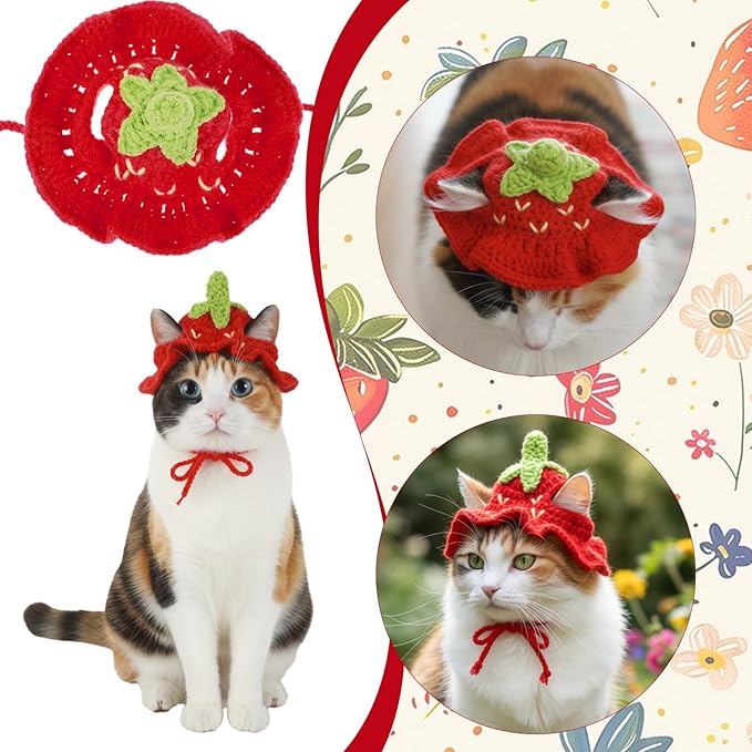 2pcs Cat Crochet Hat Crochet Hats for Kittens Cute Knitted Hat Frog and Strawberry Cat Hats Cartoon Strawberry Design Knit Cotton Soft Only Puppy Small Pets On Christmas Birthday Party Halloween