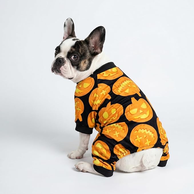 Fitwarm Halloween Pumpkin Dog Pajamas, Funny Dog Winter Clothes for Small Dogs Girl Boy, Pet Jumpsuit, Cat Halloween Costumes with Feet, Lightweight Velvet, Black, Orange, XL