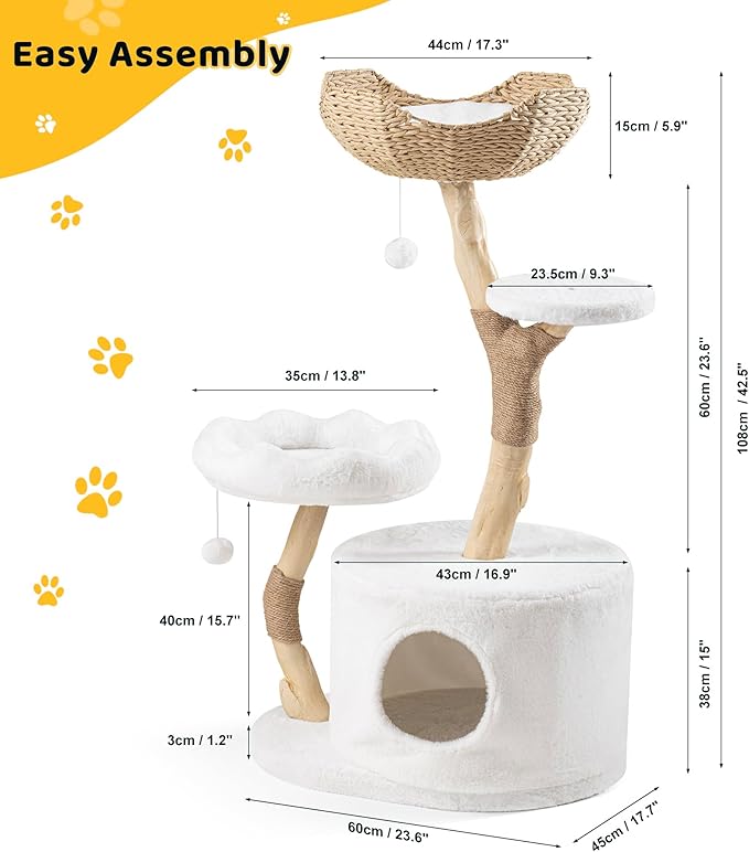 AQUILLA 42.5" Multi-Level Cat Tree Tower – Cozy Cat Condo, Woven Seagrass Basket, Sisal Scratching Posts, Indoor Playground for Cats, White