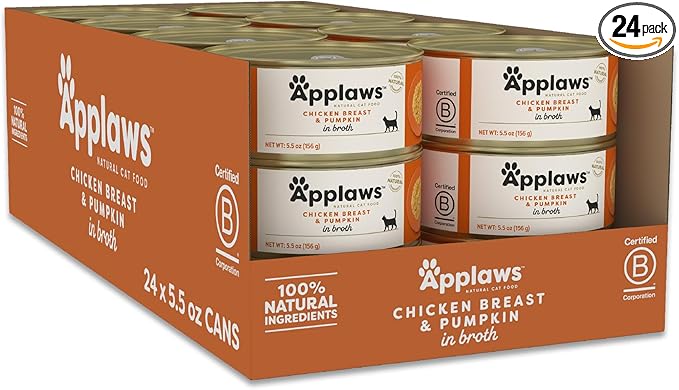 Applaws Natural Wet Cat Food, 24 Count, Limited Ingredient Canned Wet Cat Food, Chicken Breast with Pumpkin in Broth, 5.5oz Cans