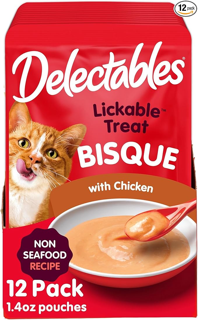 Delectables Lickable Treat Bisque Non-Seafood Wet Cat Treat with Real Chicken, Food Topper, Hydrating, Grain-Free, No Fillers, By-Products, Added Preservatives, 1.4oz Pouch, 12ct