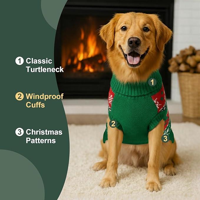 Dog Sweater Knitted for Small to Large Dogs Boy Girl, Classic Turtleneck Dog Christmas Sweaters, Warm & Soft Pet Clothes for Winter (Santa Green, M)