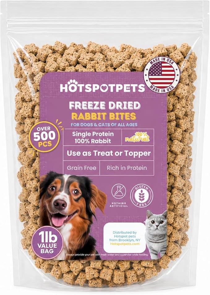hotspot pets Freeze Dried Rabbit Treats for Dogs & Cats, USA Made - 1LB Bag 600+ Pcs, Single Ingredient Rabbit Bites - High Protein, Training Reward & Food Topper - Grain Free, Low Calorie Snack