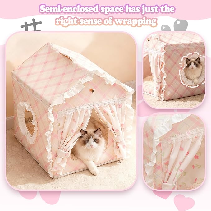 Cat Bed, House for Indoor Cats, Accommodate 11-33 lb Cute Tent Bed with Cover Cave, Breathable, Washable, Foldable Indoor Dog House with Frame, All Season (Pink, L)