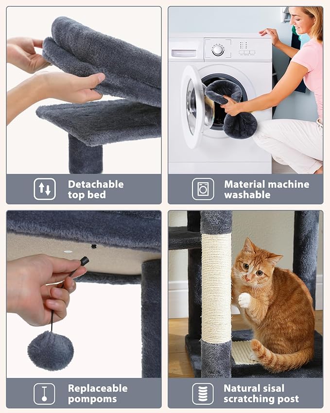 MUTTROS 59" Cat Tree, Cat Tower for Large Cats, Multi-Level Cat Tower with 3 Removable Pompom Sticks, Cat Tree for Indoor Cats, Cat Condo with Large Hammock, Scratching Post, and 2 Perches, Dark Gray