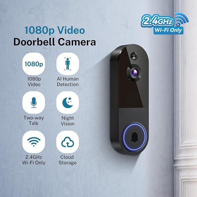 ClipBlur 1080p Wireless Wi-Fi Video Doorbell Camera with Night Vision, Outdoor Surveillance Cameras, Two Way Audio, 2.4G WiFi Only, AI Motion Detection and Cloud Storage (Sold Separately)