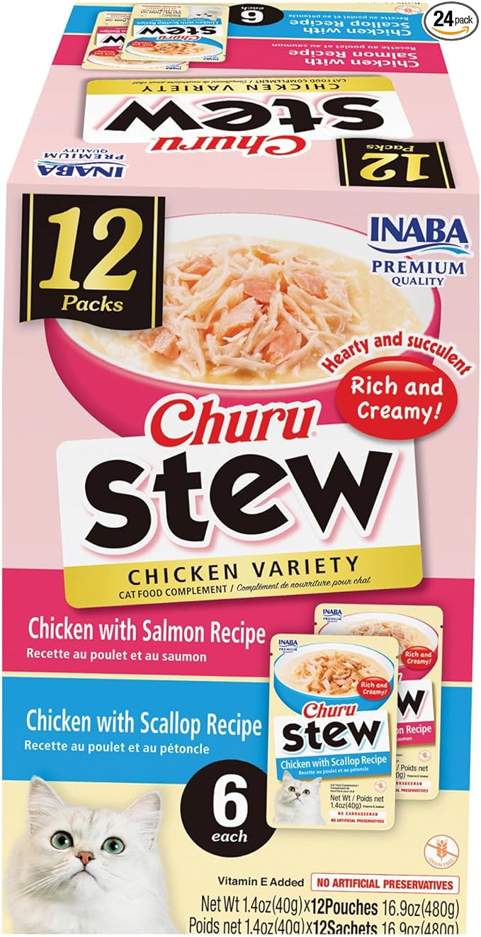 INABA Churu Stew for Cats, Side Dish Pouch with Vitamin E, 1.4 Ounces per Pouch, 24 Pouches, Chicken Variety