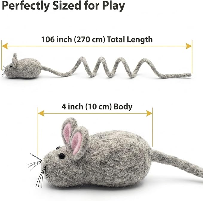 Glaciart One Felt Mouse Cat Toy – Soft Fuzzy Enrichment 100% Natural Wool - Interactive Catnip Play Cat Toy Set - Safe for Pets, Non-AZO Colored Dyes - 100” Long