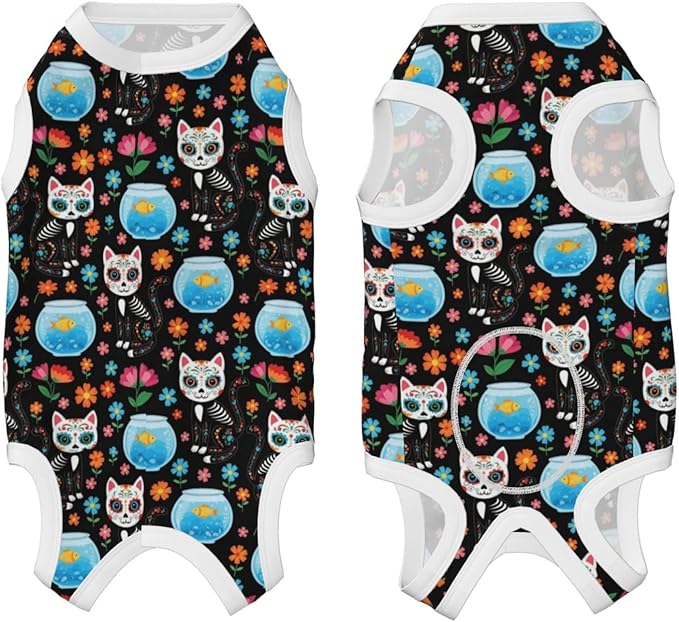 Cat Recovery Suit Full Bodysuit for Abdominal Wound Protector Sugar Skull Skeleton Cat and Fish Black Anti Licking After Surgery