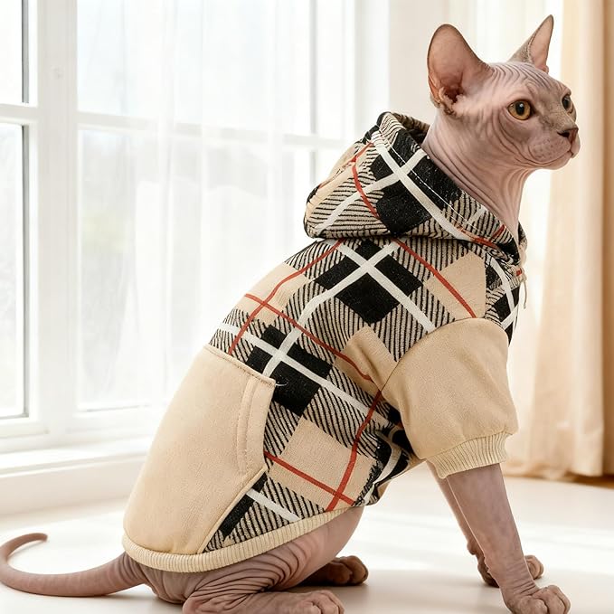 EXPAWLORER Plaid Cat Hoodie - British Style Warm Cat Sweater Shirt with Leash Hole,Pet Clothes Outfits,Winter Coat Apparel for Puppy Cats Girl Boy-Kitten Apparel,Beige L