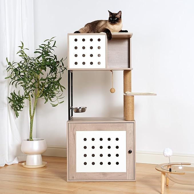 Cat Tree with Litter Box Enclosure, Cat Tower for Indoor Cats with Large Hammock, Bed, Food Station, Scratching Posts, Modern Style Pet Furniture, Gray+White