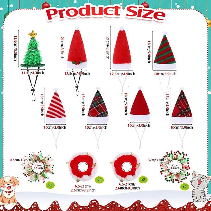 16 Pcs Cat Christmas Costume Suit Santa Hats and Tutu Collar Xmas Cat Outfit Green Shiny Hat Christmas Cat Collar with Bell Hat Kitten Outfit Clothing for Puppy Cat Pets Gift