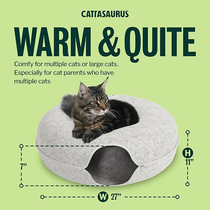 Cattasaurus Peekaboo Cat Cave Donut for Multiple & Large Cats up to 30-45 lbs, 3-in-1 Self Warming Cat Bed, Tunnel & Scratcher for Indoor Cats, Washable & Detachable Small Dog Bed (Light Gray, Jumbo)