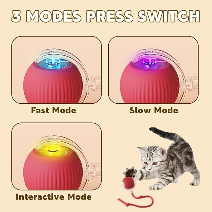 Interactive Rolling Cat Ball, 360° Automatic Smart Pet Toy with Obstacle Avoidance, LED Light, Type-C Rechargeable, Safe Durable Chew Toy for Cats & Small Dogs