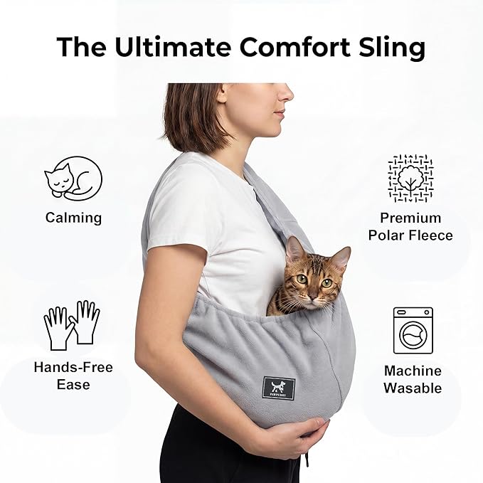 Donut Cat Sling Carrier, Soft Polar Fleece Hands-Free Pouch for Small Pets 3-13 lbs, Lightweight Indoor Cuddle Bag (Light Gray)
