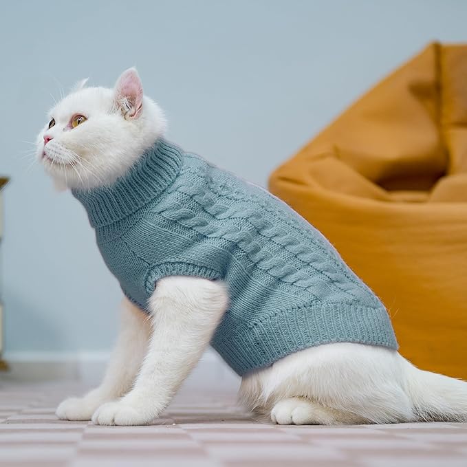 PUPTECK Winter Cat Sweater Coat - Soft Warm Cold Weather Clothes Knitwear for Kittens & Small Dogs Indoor Outdoor Wearing, Knitted Classic for Doggies Kitties Girls Boys, Sky Blue, M