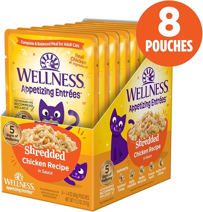 Wellness Appetizing Entrées Shredded Adult Wet Cat Food, Natural, Protein Rich, Grain Free, Chicken Recipe, 1.4 oz, Pack of 8 Pouches