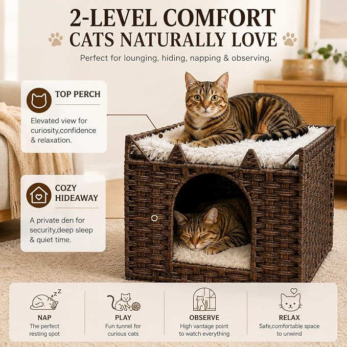 Cat Bed with Ears - Handwoven Rattan Cat Cave House for Indoor Kittens, Foldable Hideaway with 2 Removable Cushions, 16.5x16.5x13.2 Inch Natural Pet Cube for Living Room/Bedroom Brown