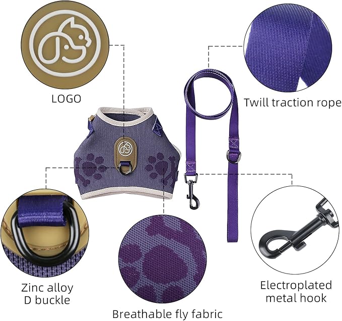 EVERKING Cat Harness and Leash Set, New Fly Fabric, Soft and Breathable, Adjustable cat Walking Jacket, Fashionable cat Vest (Purple, S(Neck 7.48"-9.06", Chest 11.42"-18.11", 5-11lbs))