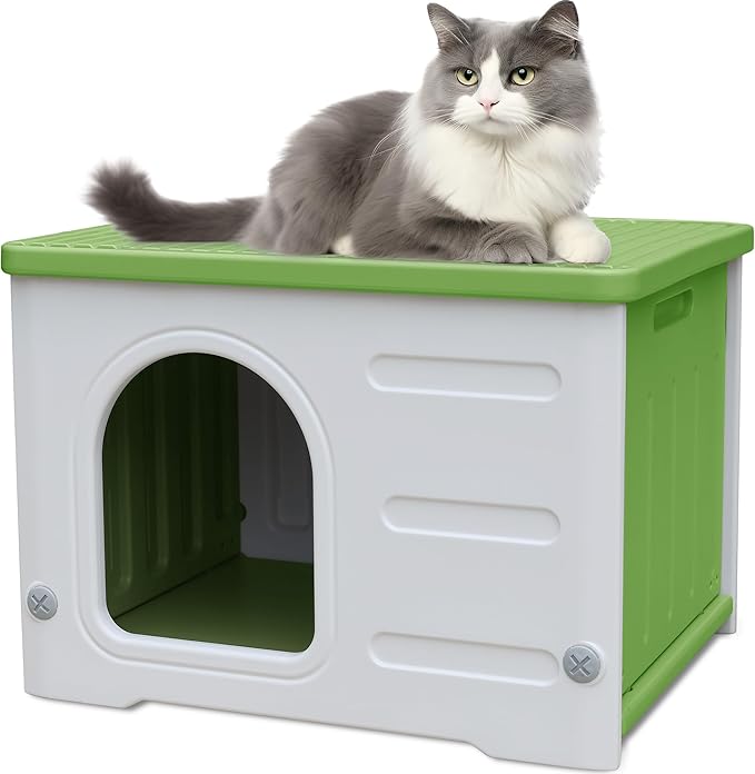 Plastic Cat House Outdoor & Indoor, Feral Cat Houses Waterproof Outdoor Cat House for Feral Cats, Outside Cat Shelter for Small Pet, Assemble and Clean Easily-Green