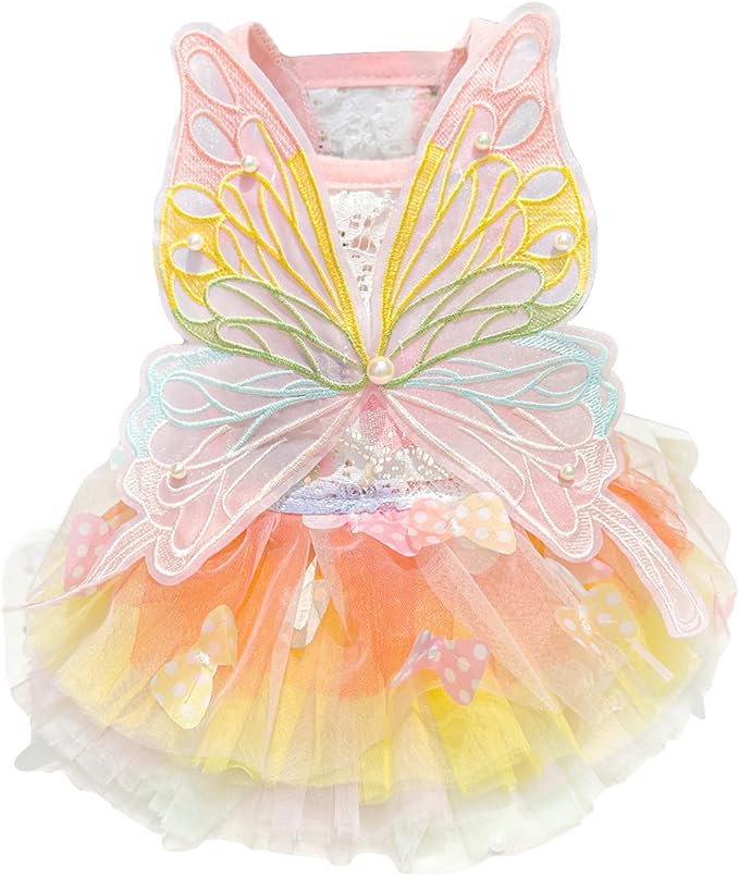 BAMY Butterfly Wings Dog Dress Summer Pet Wedding Skirt Lace Princess Tutu Cute Party Cat Outfit for Small Medium Dogs (Colorful, XXL (Chest 27.5inch/ 70cm))