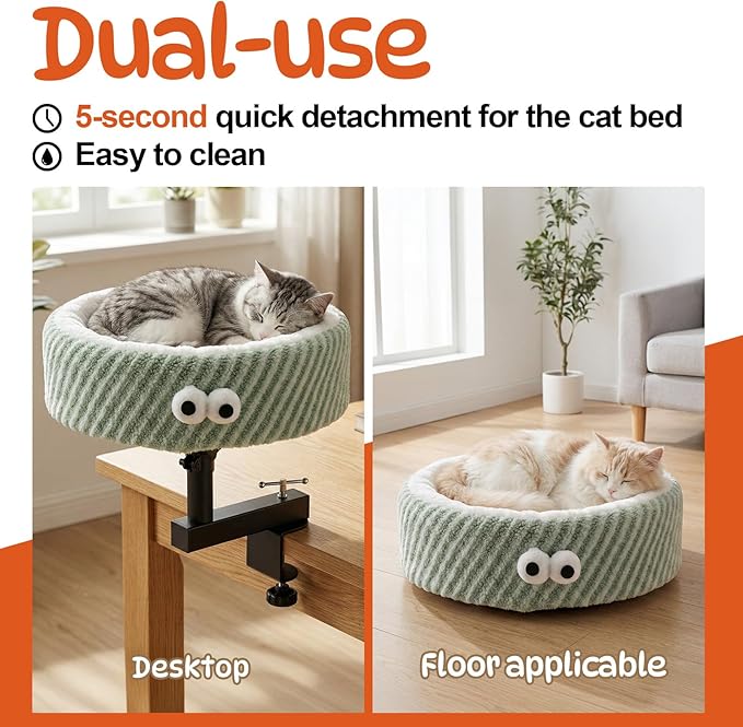 Cat Desk Bed, Height Adjustable 360° Rotating Desk Mounted Cat Bed, 2-in-1 Cat Desk Perch Hammock, Desk Cat Bed Attachment with Washable Cushion for Most Cats (Green)