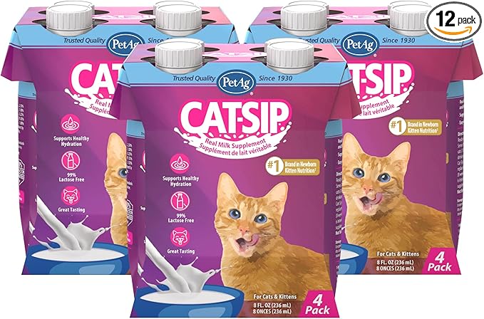 PetAg Cat-Sip Real Milk - 8 oz, 12 Pack - Ready-to-Feed Snack for Cats & Kittens - Easy to Digest with 99% Lactose-Free, Low-Fat Grade A Milk - Encourages Hydration