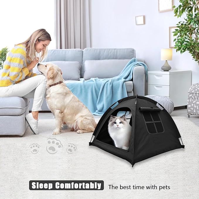 Anti-Anxiety Open Pet Tent, Calming Hideaway Monitoring Bed for Cats & Small Dogs, Breathable Mesh, Tool-Free Setup, Indoor Outdoor Travel, Black