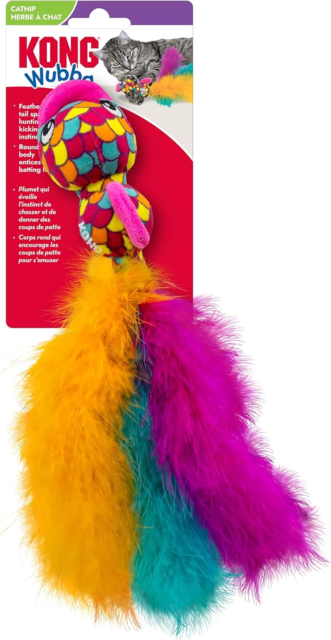 KONG Wubba Cat Toy – Catnip-Infused, Crinkle and Rattle Sound & Feathery Tails for Batting, Pouncing & Interactive Play (Fish)