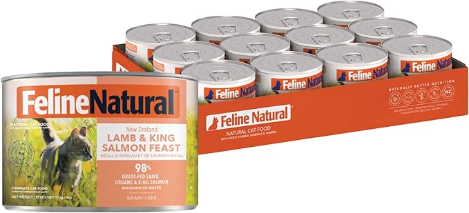 Feline Natural New Zealand Canned Catfood Wet Food, High-Meat, Low-Carb, & Grain Free Cat Food Wet, Lamb & Salmon Feast, 6 oz, Pack of 12
