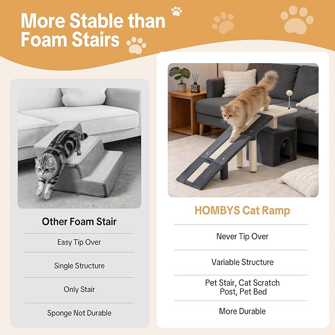 HOMBYS Cat Ramp for Bed, Gentle Slope Bed Access Ramp with Fun Spring Ball Toy & Sisal Scratching Posts, Soft Pet Ramp for Elderly Cats, Joint-Friendly Alternative to Cat Stairs