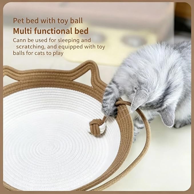 Handwoven Cotton Rope Interactive Cat Bed Basket, Foldable & Scratchable Nest with Toy Ball and Cushion, Stimulating Instinct Basket for Cats & Kittens, Silent Play Cat Basket Nest(Green,Large)