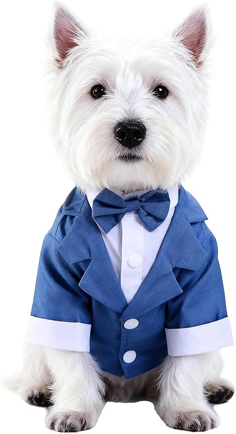 GabeFish Pets Wedding Jackets Suit for Dogs with Bow Tie Puppy Cat Formal Clothes Shirt Tuxedo (Blue, L (Chest 17.3in/44cm)