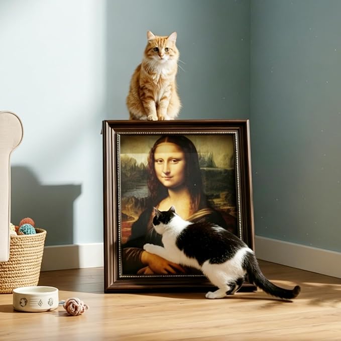 Mona Lisa Cat Bed - 4D Oil Painting Art Cat Scratcher for Indoor Cats, Half-Surround & Armrest Design, Cardboard Cat House, Novelty Gift for Cat Pawrents