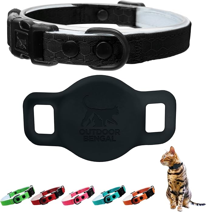 OutdoorBengal Breakaway Cat Collar + Airtag Holder, No Bell - Compatible Silicone Case, Breakaway Airtag Cat Collar for Apple Air Tag - Waterproof Tracking Collars for Boy, Girl, Cats, Kittens (Black)