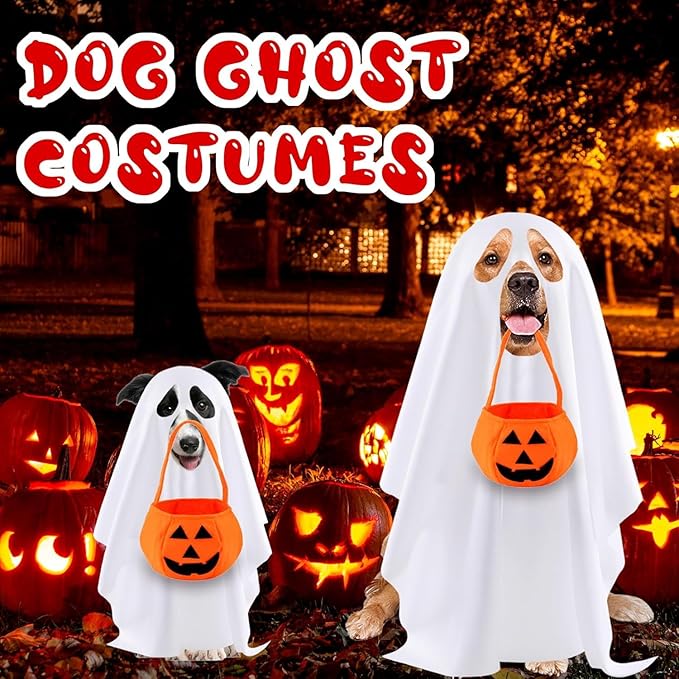 Dog Ghost Halloween Costume 2PCS Funny Ghost Face Cape Pumpkin Bucket White Ghost Poncho for Large Dogs Trick or Treat Bags Spooky Outfit Cosplay Ghost Clothes (Medium)