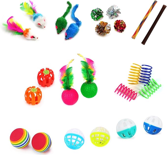 iCAGY 24 Pcs Cat Toys for Cats, Indoor Kittens - Interactive Variety Pack, Feather Teaser, Feather Golf, Mice, Springs, Balls, Noise Toys