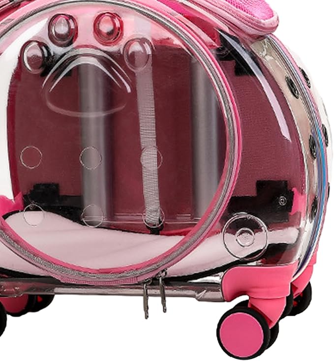Rolling Cat Carrier,Clear Cat Carrier with Wheels,Pet Trolley Case Pet Backpack for Kitty Small Dog Sturdy and Breathable Design Portable Cats Dogs Backpack for Travel/Taking a Walk Pink