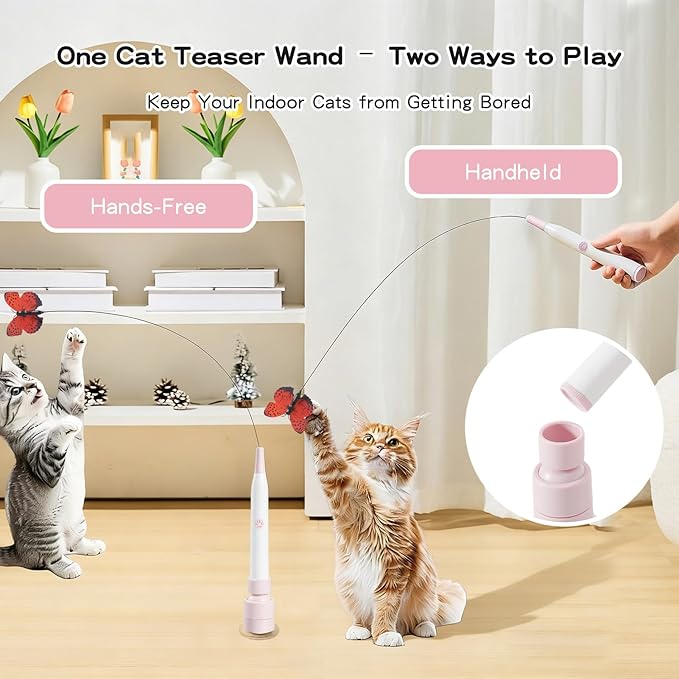 Interactive Cat Toys for Indoor Cats - Electric Cat Wand Toy with Butterfly, Self-Play & Handheld Dual Mode, USB Rechargeable with Strong Suction Base, Smart Motion Activated Enrichment Cat Toy, Pink