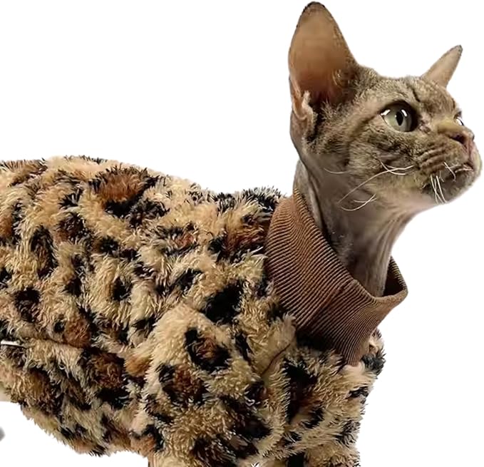 Cat Leopard Double-Sided Fleece Pullover, Soft Warm Clothes for Hairless Sphynx, Devon & All Indoor Kittens in Winter (Leopard,3XL)