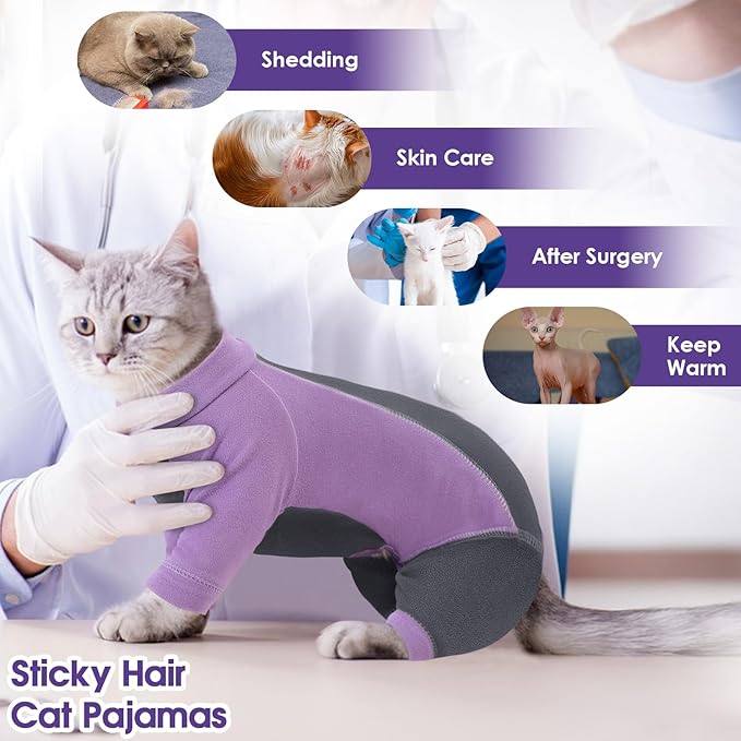 Hair Sticky Cat Clothes, Cat Sweater for Cats Only, 4-Legged Fleece Sweaters Kitten Pajamas Reduce Shedding Fur, Warm Pullover Shirts for Cats, Purple S