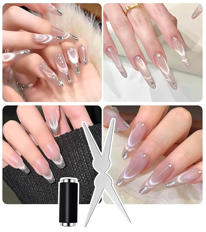 Cat Eye Gel Polish Double-Head Magnet Wand + Y Shaped Iron for French Cat Eye Effect Black Strong Cylinder Magnet Cat Eye Magnetic Bar for Home Salon Nail Art Tools