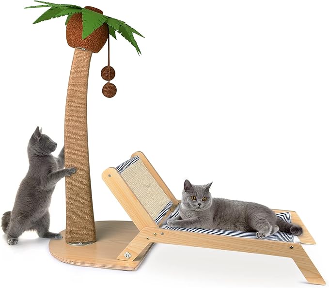 Palm Tree Cat Scratching Post with Beach Chair 2 in 1, 29.5" Sisal Rope Cat Scratching Post with Perch for Indoor Cats Adults, Small Cat Kitten Scratch with Interactive Hanging Ball