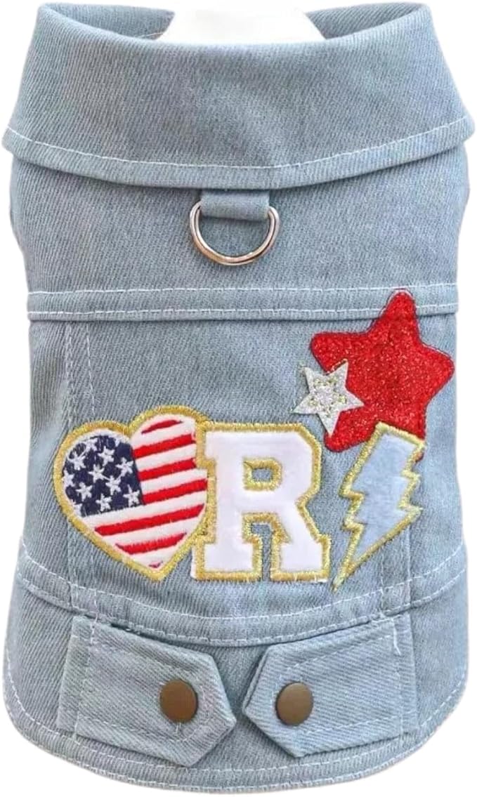 Trendy Dog Denim Vest with Embroidered Patches, Cute Puppy Jacket with D-Ring, Lightweight Pet Clothes for Small Dogs, Stylish Summer Outfit(XL)