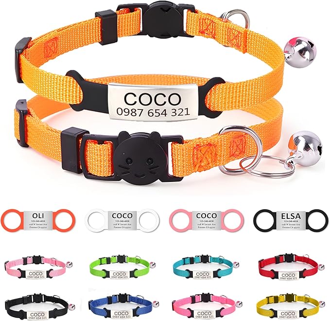 Cat Collar with Name tag, Adjustable and Durable Polyester Personalized cat Collar with Bell, Custom Carved pet Name and Phone Number, Suitable for Boys and Girls Cats,Orange