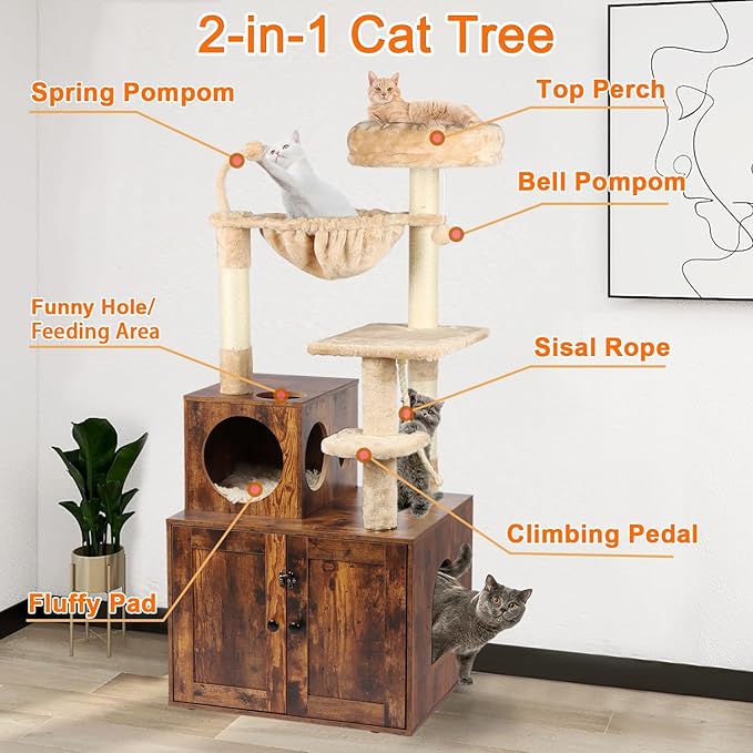 Timberer Cat Tree with Litter Box Enclosure, 2-in-1 Cat Tower for Indoor Cats, Large Wood Cat Condo with Basket, Scratching Posts, Pompoms, Rustic Brown