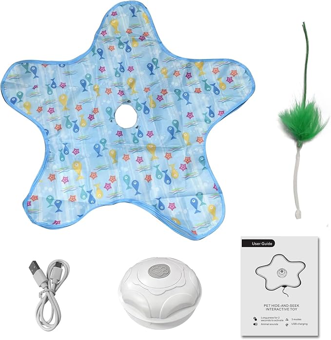 Interactive Cat Toy, Peek-a-Boo Series – Hidden Feather Wand, Rechargeable Indoor Hunting Toy, Squeaky Bird Sound, and Small Fish Pattern Cover